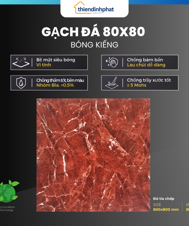 Gạch 80x80cm ĐÁ ĐỎ TIA CHỚP Đá Bóng Kính Cao Cấp