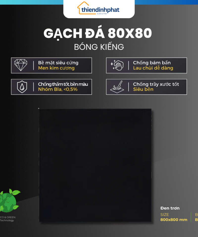Gạch 80x80cm ĐEN TRƠN Đá Bóng Kính Cao Cấp (Viên)