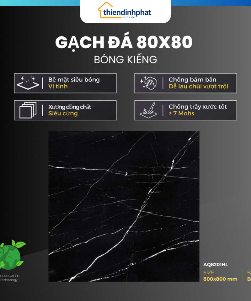 Gạch 80x80cm ĐEN VÂN TRẮNG MARBLE Đá Bóng Kính Cao Cấp