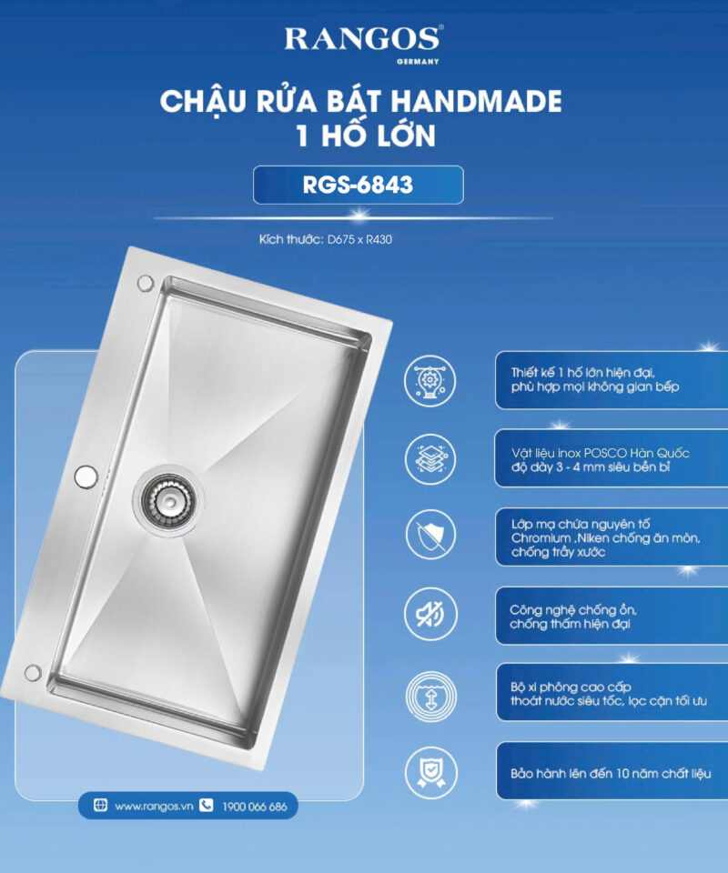 Chậu rửa chén Handmade 1 hộc Rangos RGS-6843